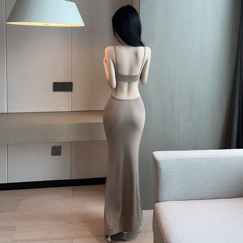 Sexy Camisole Gown Backless Slim Fit Hollow Mid-length Dress - ANIBEY