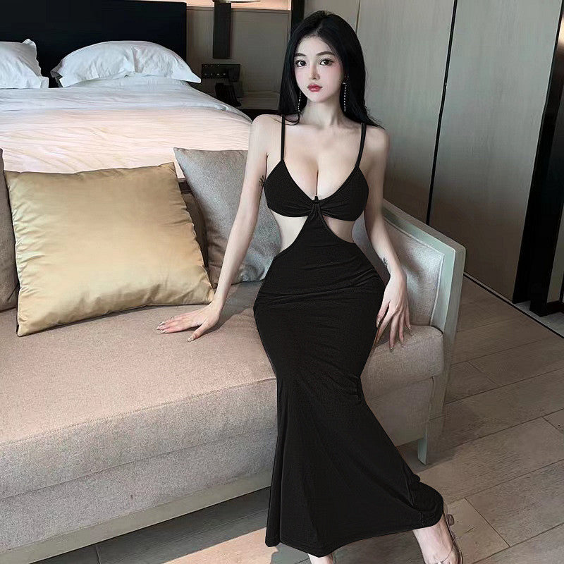 Sexy Camisole Gown Backless Slim Fit Hollow Mid-length Dress - ANIBEY
