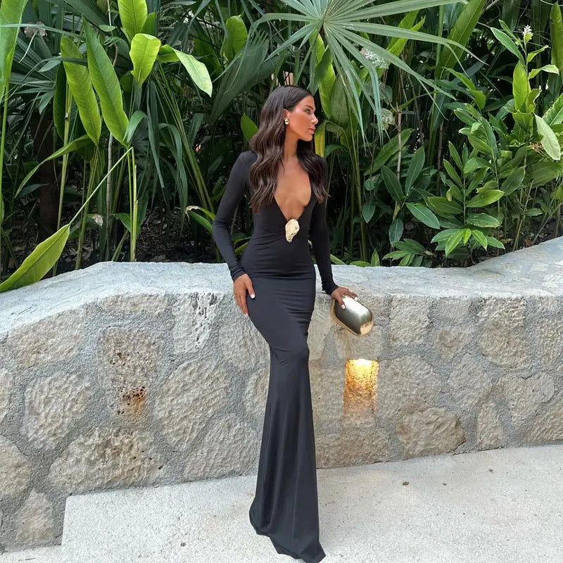 Woman Fashion Long Gown V Neck Partywear Dress - ANIBEY