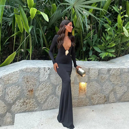 Woman Fashion Long Gown V Neck Partywear Dress - ANIBEY