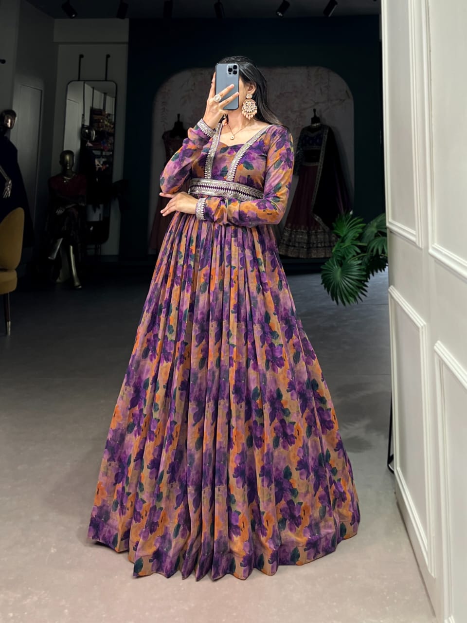 Georgette Floral Printed Purple Anarkali Gown