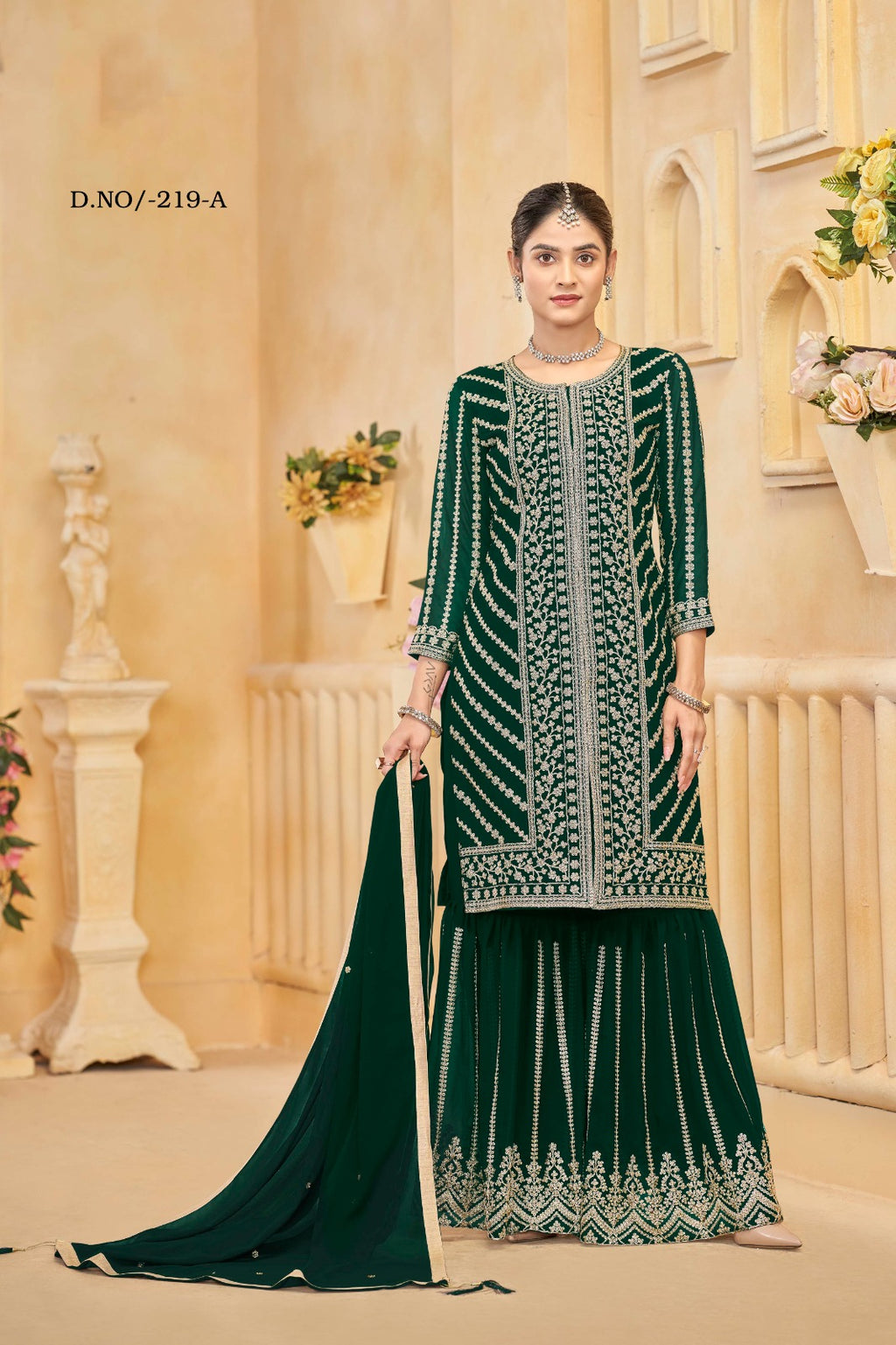 Embroidered-Sequence Work Salwar Suit With Stitched Sharara Palazzo