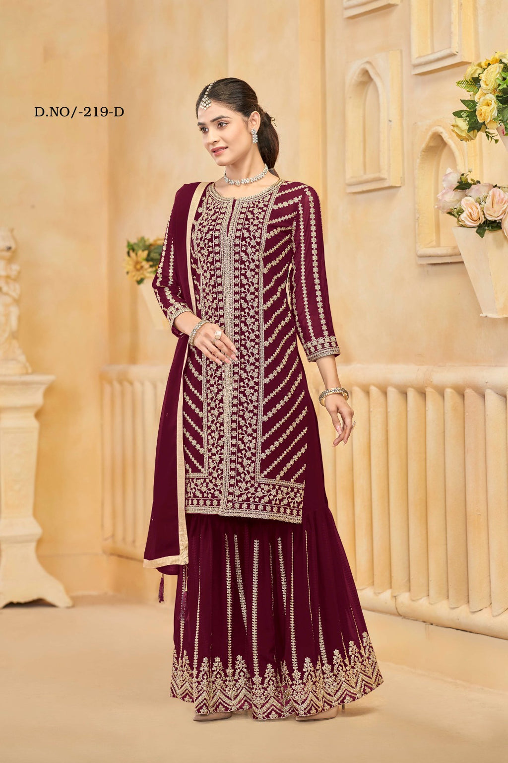 Embroidered-Sequence Work Salwar Suit With Stitched Sharara Palazzo