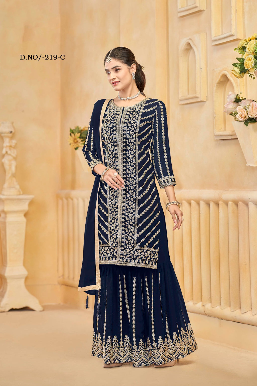 Embroidered-Sequence Work Salwar Suit With Stitched Sharara Palazzo