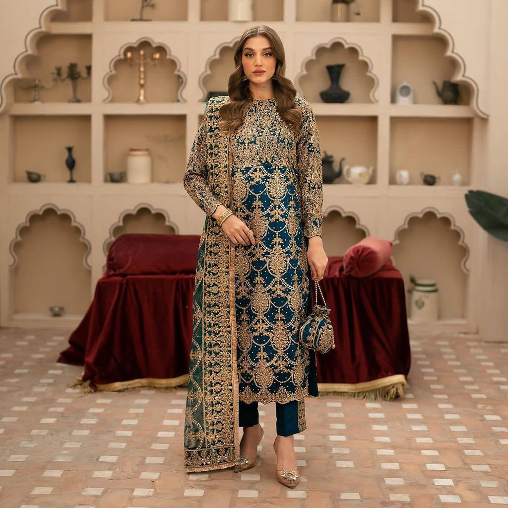 Royal Navy Blue Color Faux Georgette With Embroidery - ANIBEY