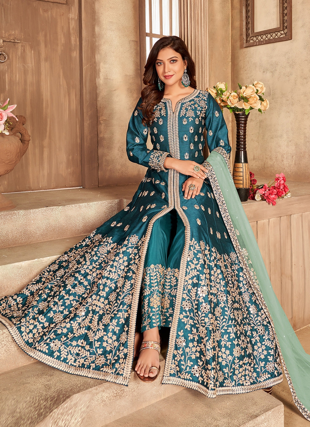 Embroidered Pure Art Silk Anarkali Kurta Set