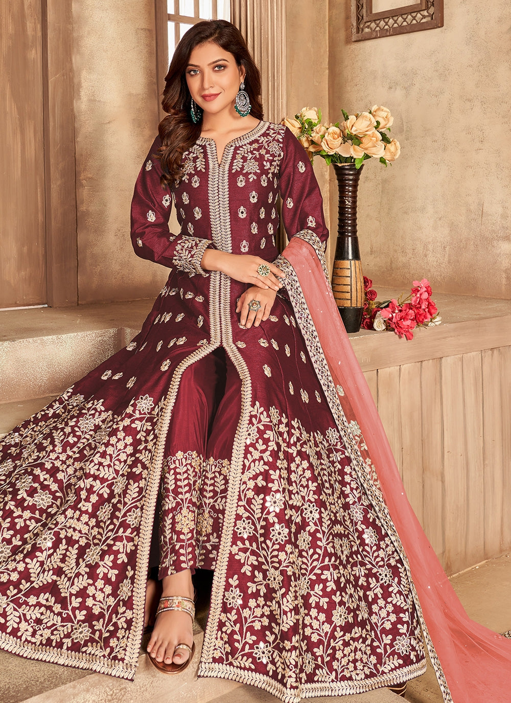 Embroidered Pure Art Silk Anarkali Kurta Set