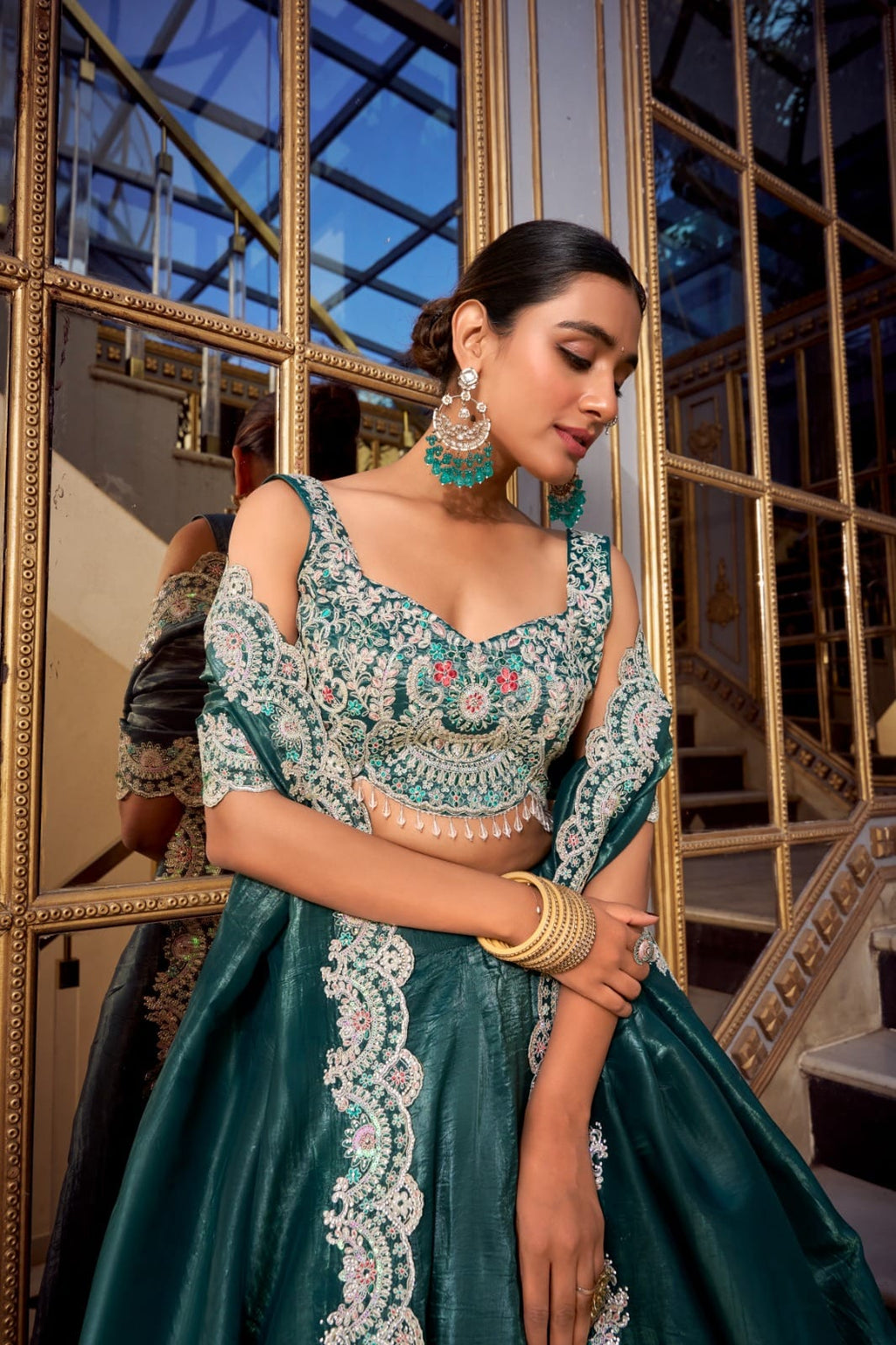 Multicolor italian silk digital printed croMulticap top lehenga - ANIBEY