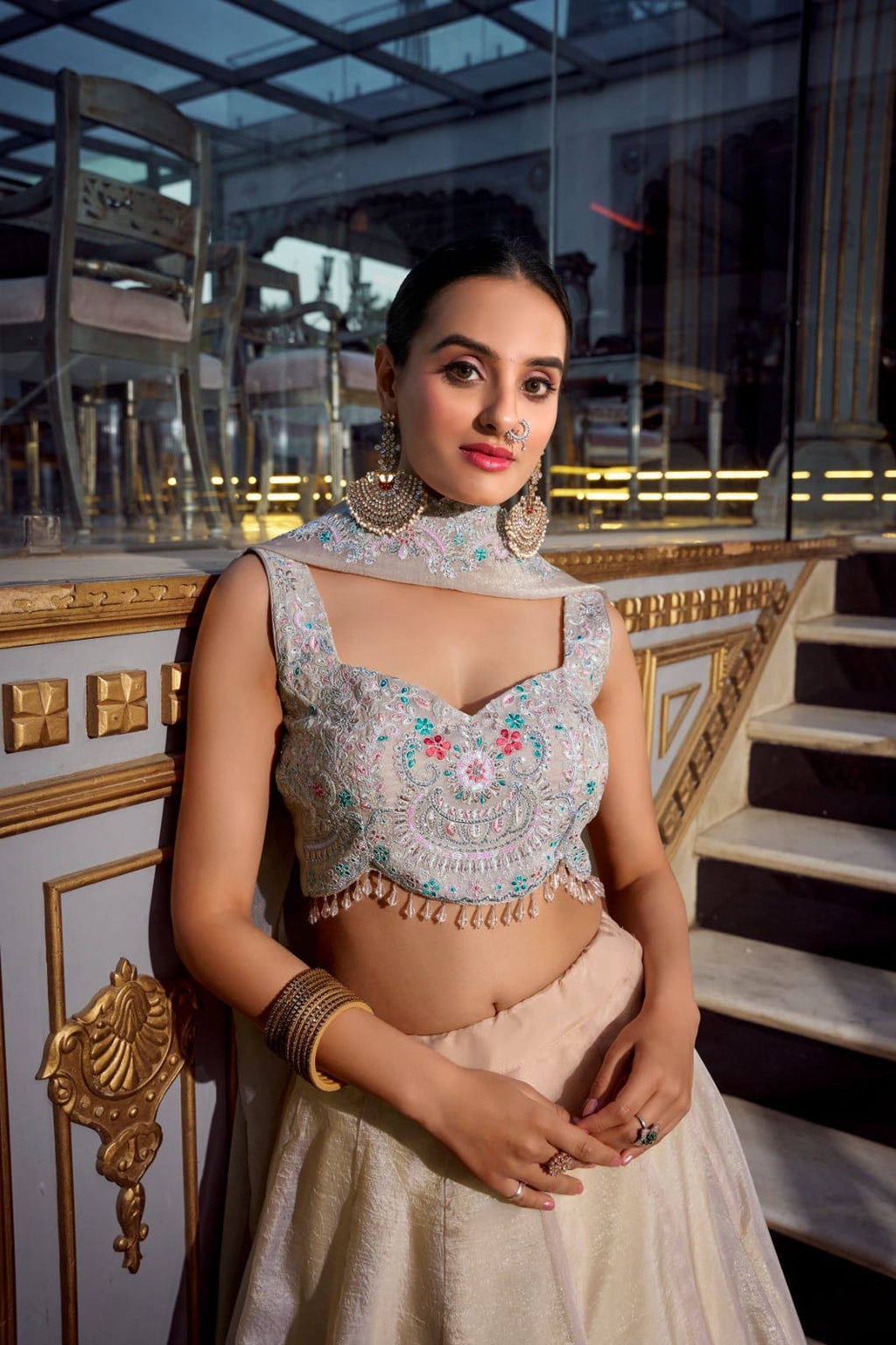 Multicolor italian silk digital printed croMulticap top lehenga - ANIBEY