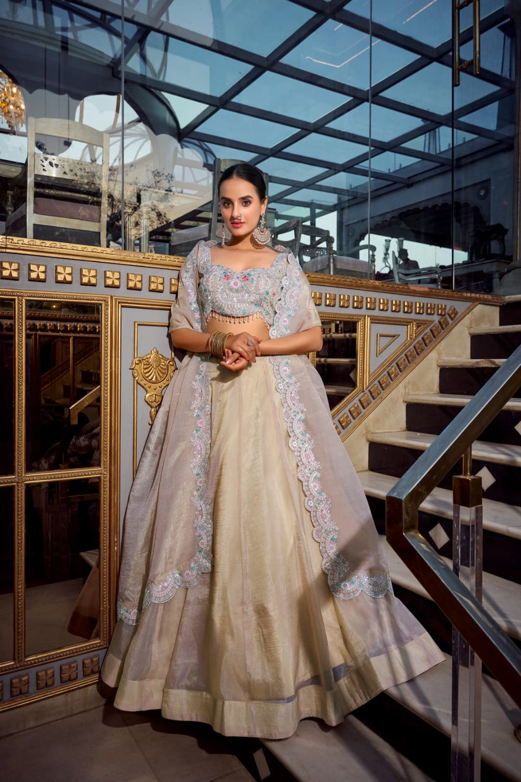 Multicolor italian silk digital printed croMulticap top lehenga - ANIBEY