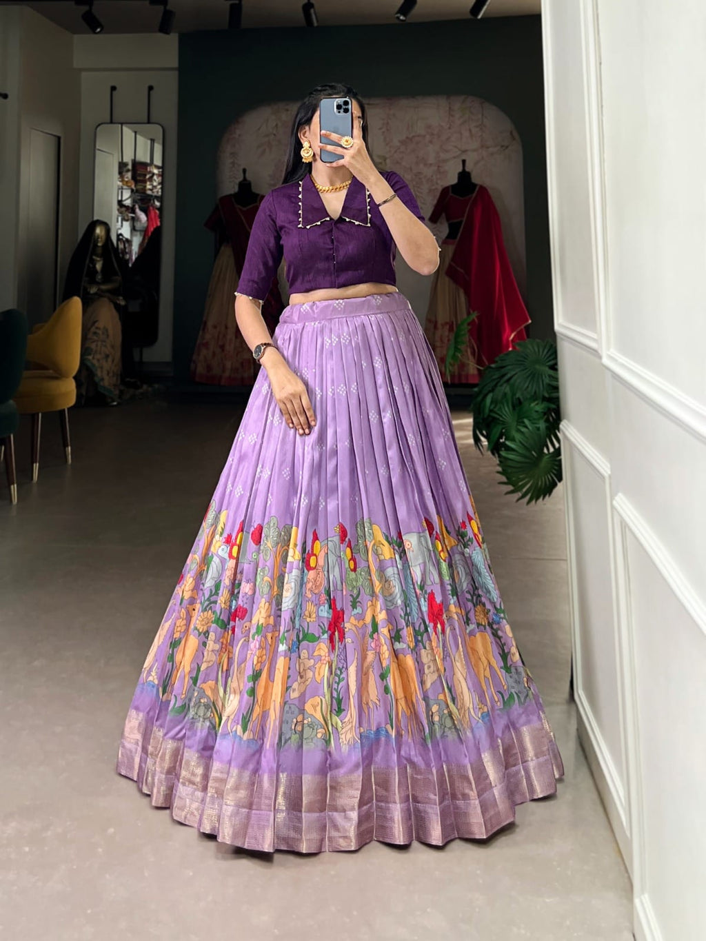 Pink Timeless Elegance Dola Silk Kalamkari Lehenga Set - ANIBEY