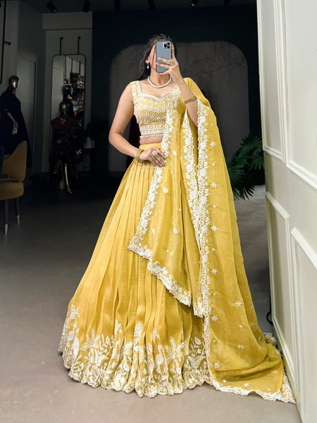 Buy Yellow Thread Embroidered Silk Lehenga Choli From Ethn - ANIBEY