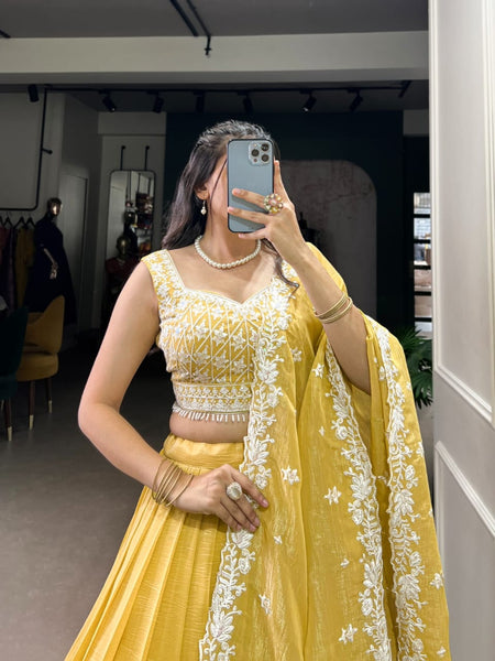 Buy Yellow Thread Embroidered Silk Lehenga Choli From Ethn - ANIBEY