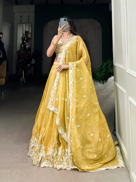 Buy Yellow Thread Embroidered Silk Lehenga Choli From Ethn - ANIBEY