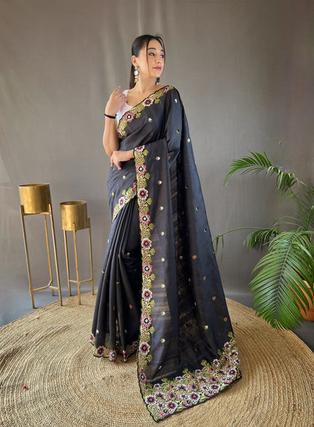 Sclout Women's Soft Silk Saree With Cut Boarder & Work Blouse Piece - ANIBEY