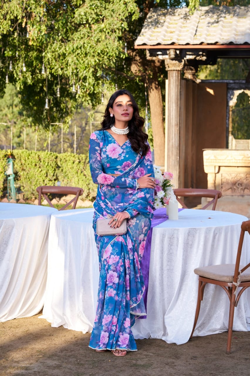 Blue Color Printed With Peral Lace Border Weightless Marbal - ANIBEY