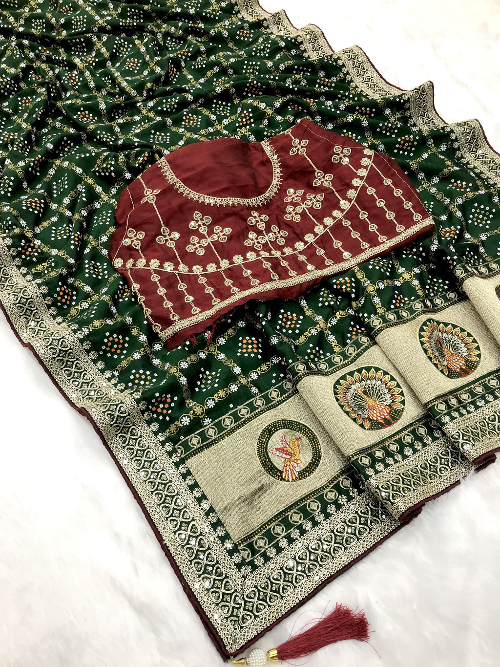 Green traditional blooming vichitra khadi bandhej silk saree - ANIBEY