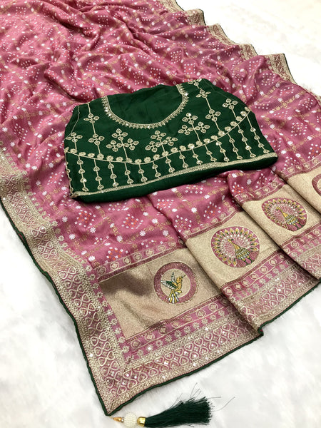 Green traditional blooming vichitra khadi bandhej silk saree - ANIBEY