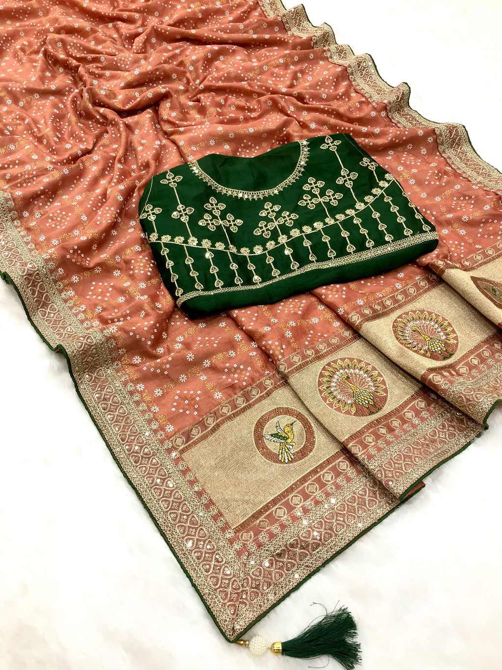 Green traditional blooming vichitra khadi bandhej silk saree - ANIBEY