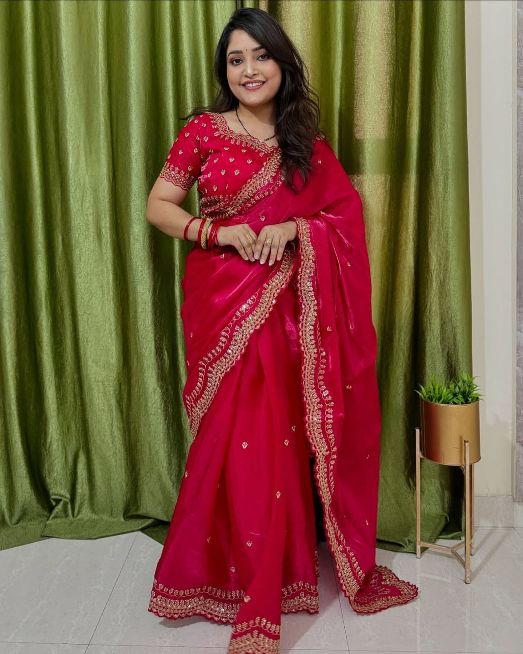 Bold Red most beautiful Zimi chu saree - ANIBEY
