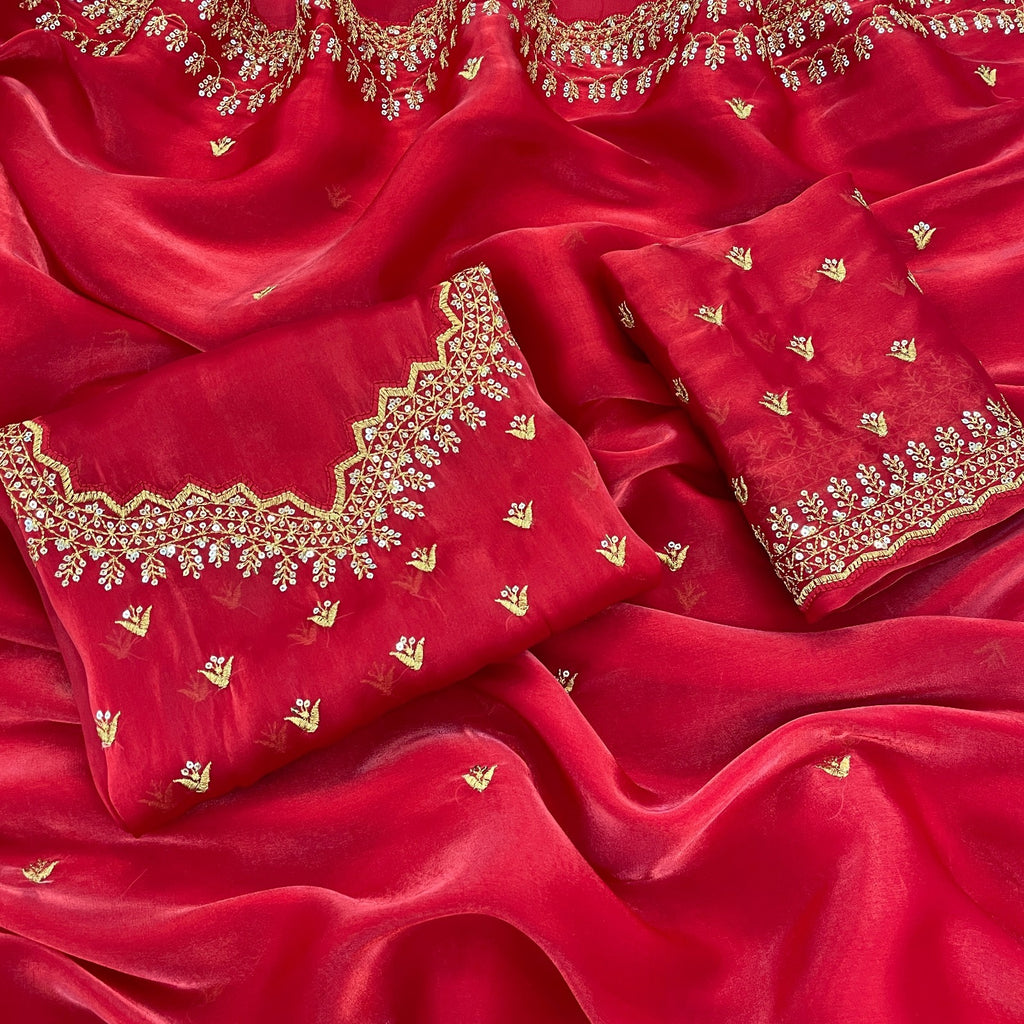 Bold Red most beautiful Zimi chu saree - ANIBEY