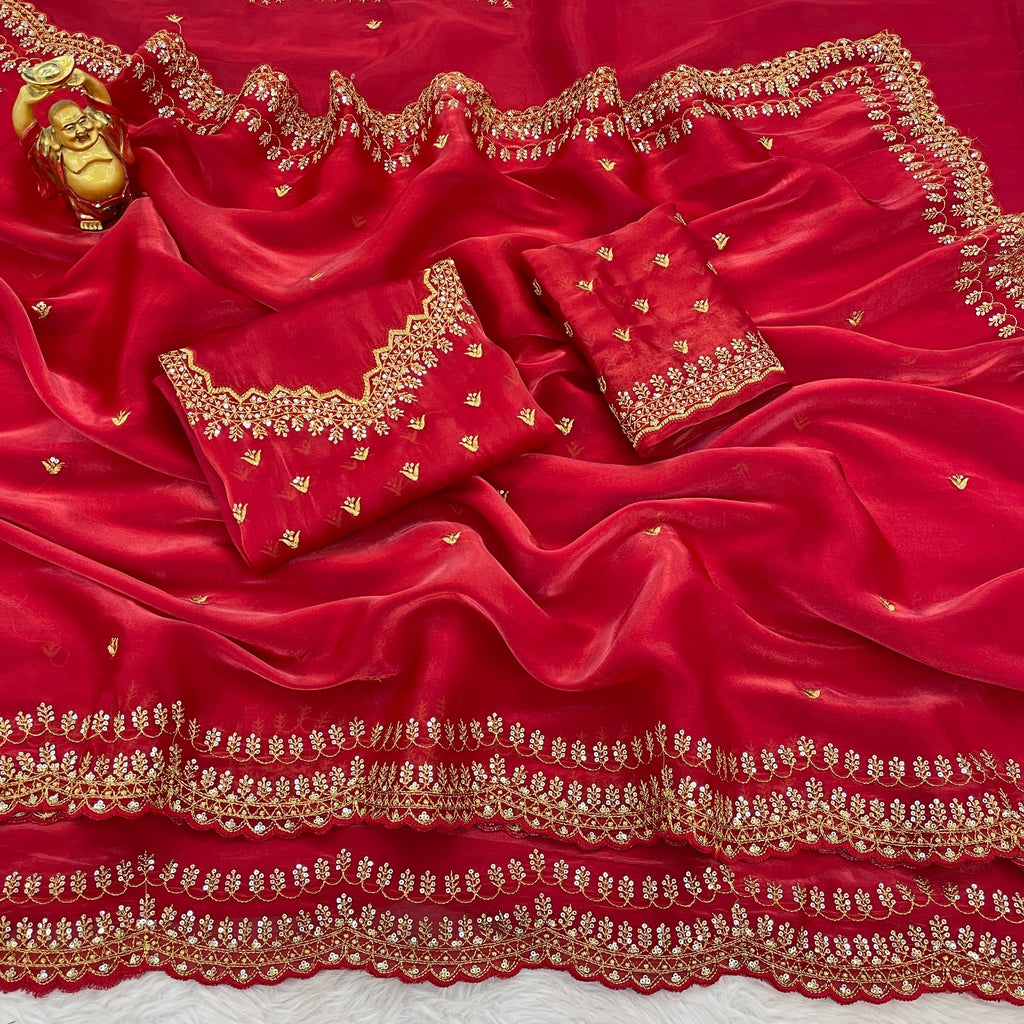 Bold Red most beautiful Zimi chu saree - ANIBEY