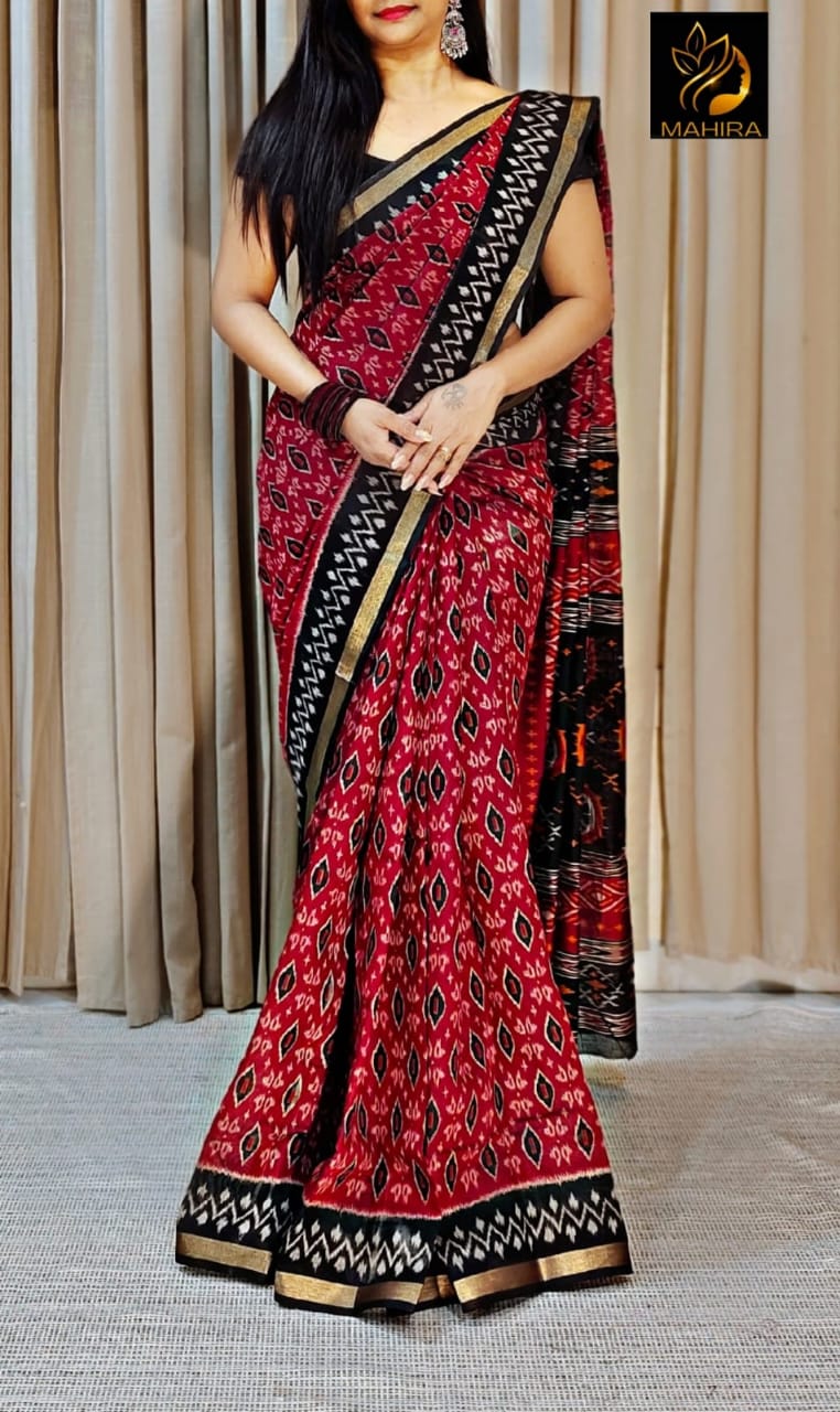 Buta Buti Red Colour Abstract Printed Pure Cotton Saree - ANIBEY