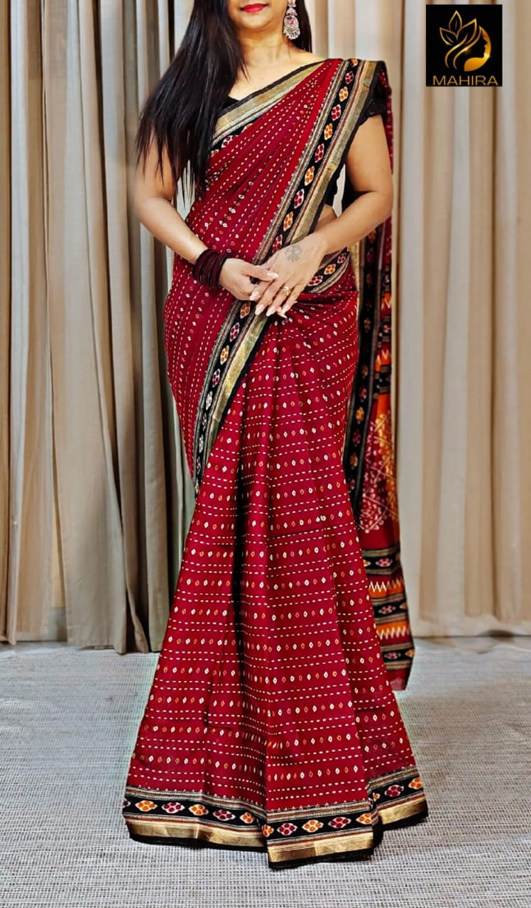 Buta Buti Red Colour Abstract Printed Pure Cotton Saree - ANIBEY