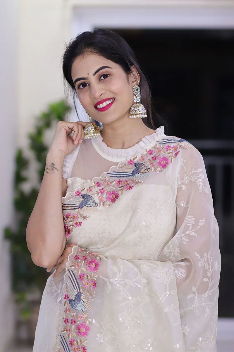 Women's Organza Flower Embroidery Work Silk Saree With Blouse Piece - ANIBEY