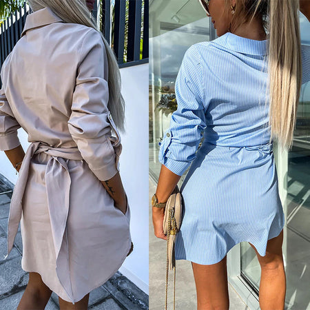 Multi-Color Rolled Sleeves Shirt Dress Women - ANIBEY