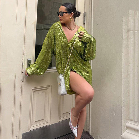 Elegant Sequin Lapel Long Sleeve Shirt Dress - ANIBEY
