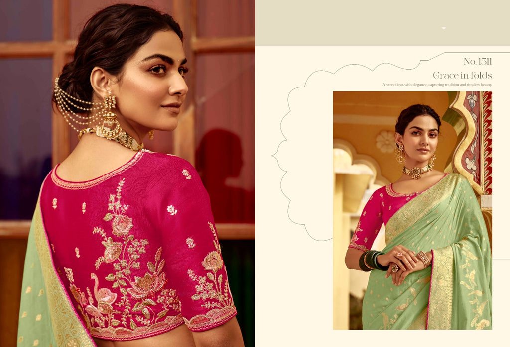 Sweet Green Woven Banarasi Designer Silk Saree With Blouse - ANIBEY