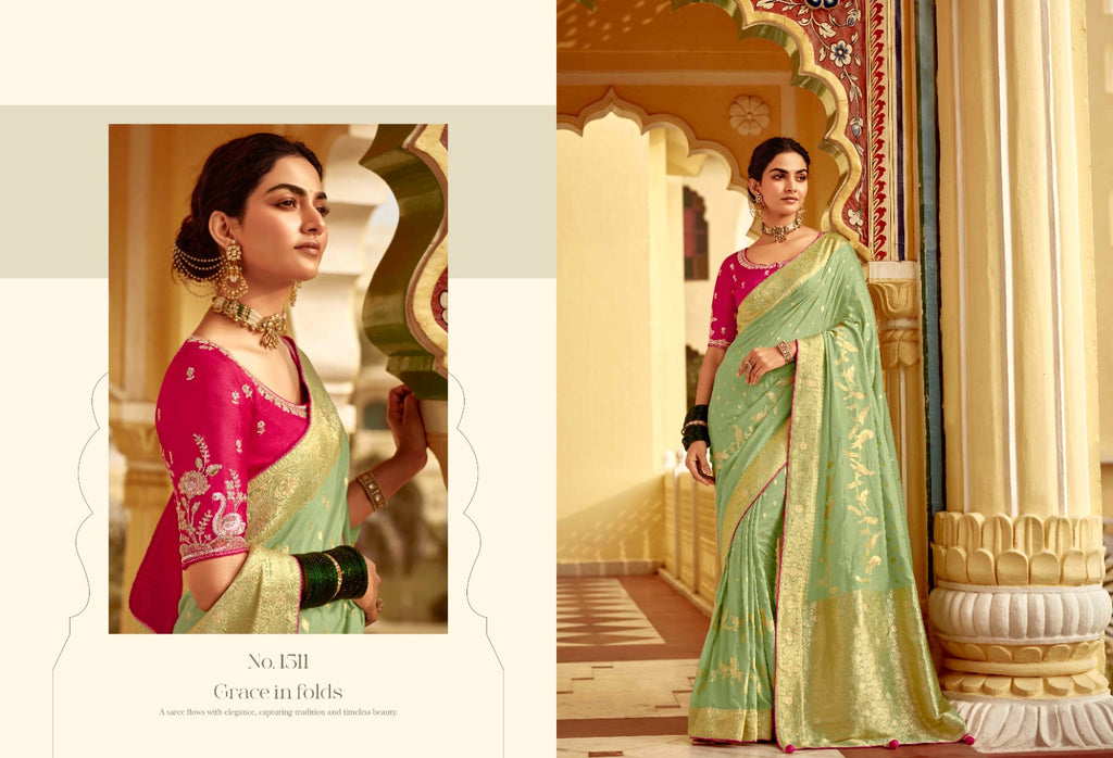 Sweet Green Woven Banarasi Designer Silk Saree With Blouse - ANIBEY