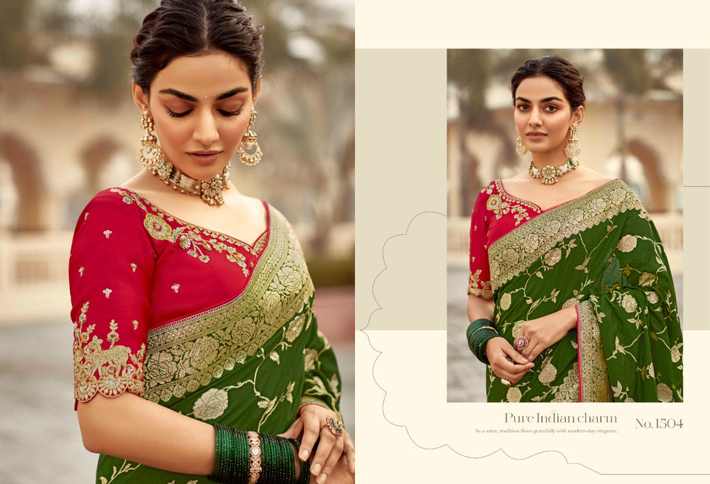 Sweet Green Woven Banarasi Designer Silk Saree With Blouse - ANIBEY