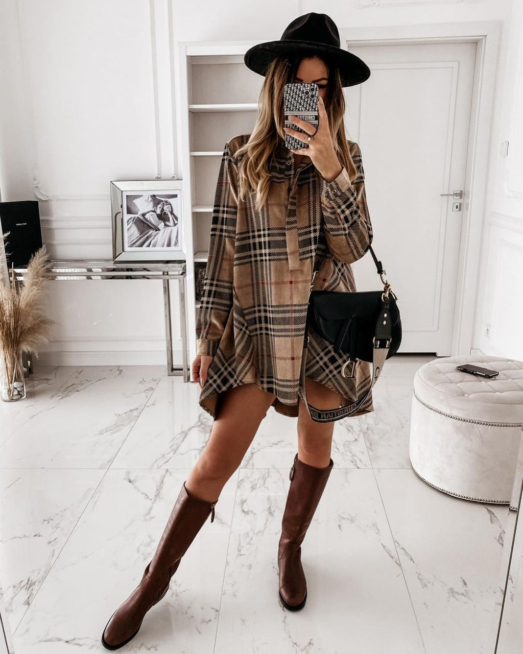 European And American Loose Women's Plaid Shirt Dress - ANIBEY