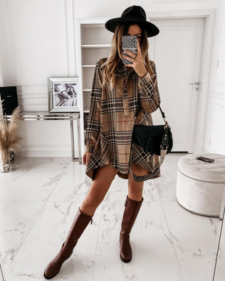 European And American Loose Women's Plaid Shirt Dress - ANIBEY