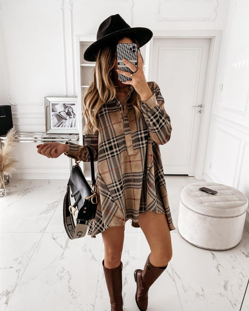 European And American Loose Women's Plaid Shirt Dress - ANIBEY