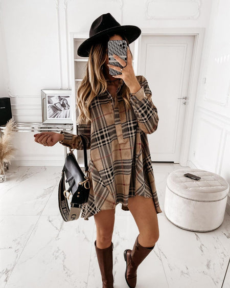 European And American Loose Women's Plaid Shirt Dress - ANIBEY