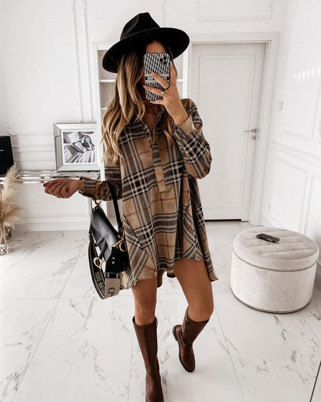 European And American Loose Women's Plaid Shirt Dress - ANIBEY