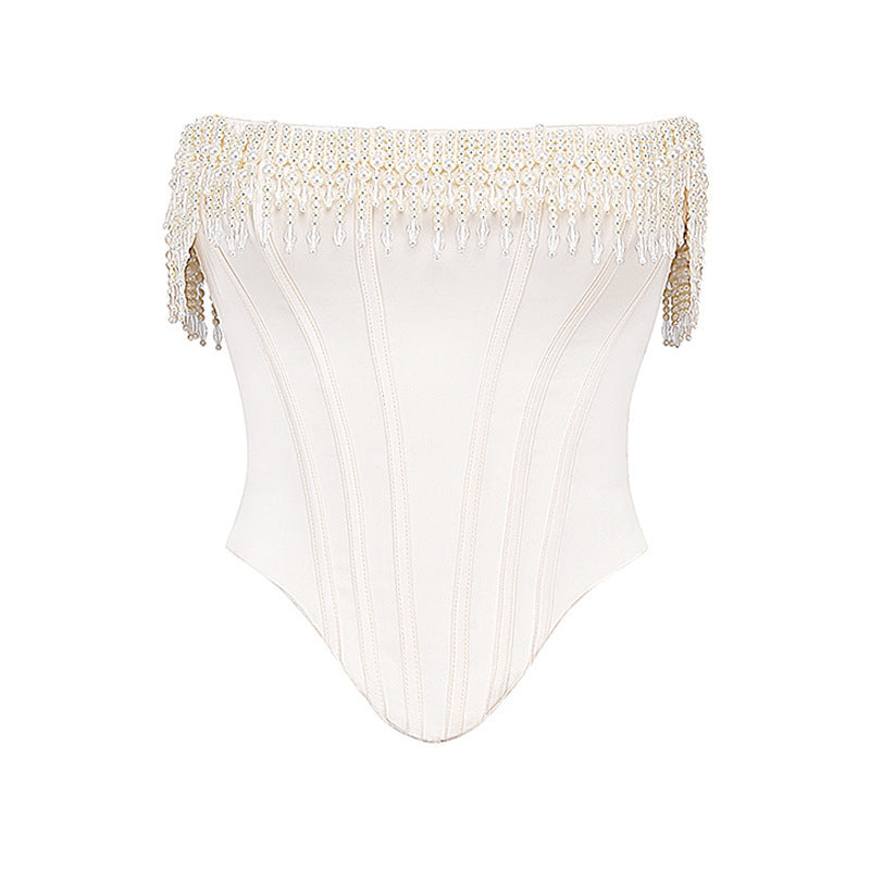 Solid Color Sexy Pearl Tube Top Sleeveless Fishbone Vest