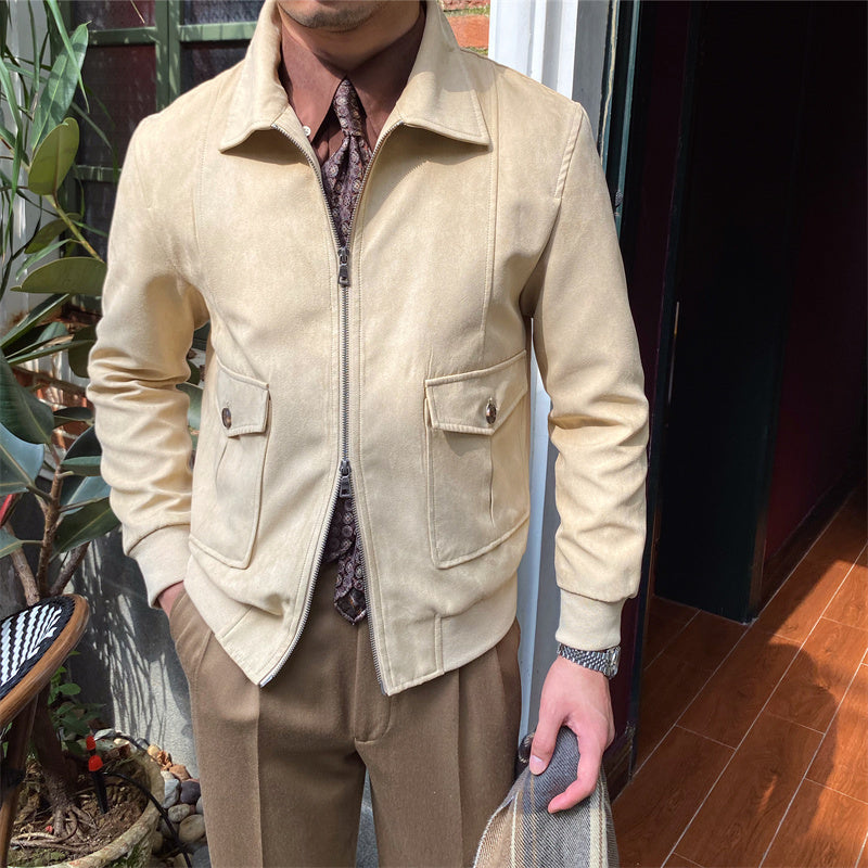 Suede Coffee Bomber Jacket For Men - ANIBEY