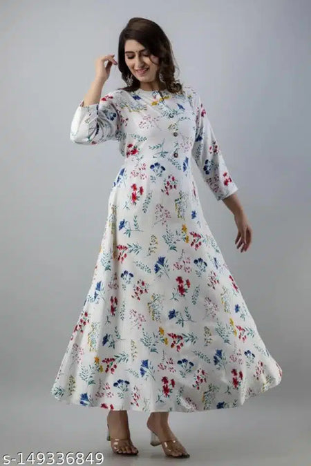 Anarkali Rayon Printed Kurti For Women (White & Blue, M) - ANIBEY
