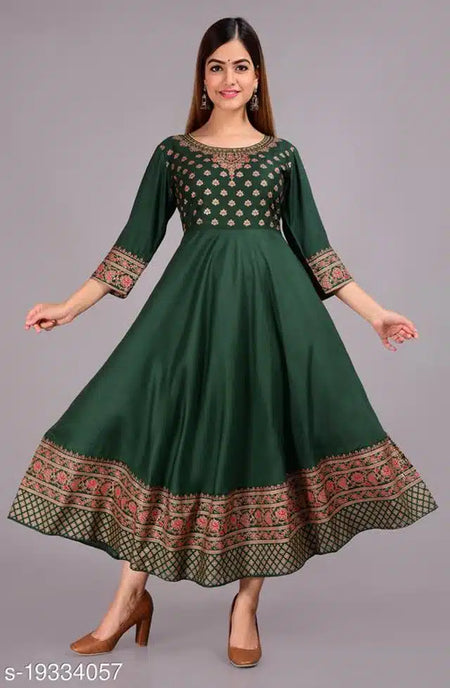 Rayon Printed Anarkali Kurti for Women (Green, S) - ANIBEY