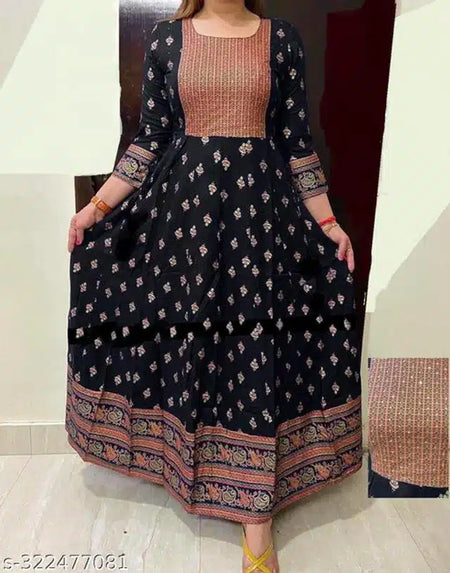 Anarkali Rayon Printed Kurti For Women (Black & Peach, S) - ANIBEY