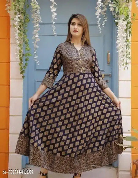 Rayon Printed Anarkali Kurti for Women (Navy Blue, S) - ANIBEY