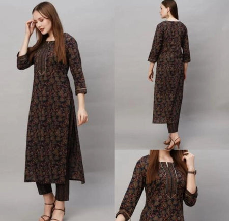 Cotton Blend Printed Kurti with Pant for Women (Multicolor, S) - ANIBEY