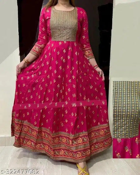 Anarkali Kurti Rayon Printed For Women (Dark Pink, S) - ANIBEY