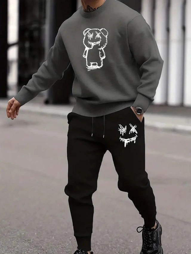 Fleece Printed Tracksuit for Men (Black & Grey, M) - ANIBEY