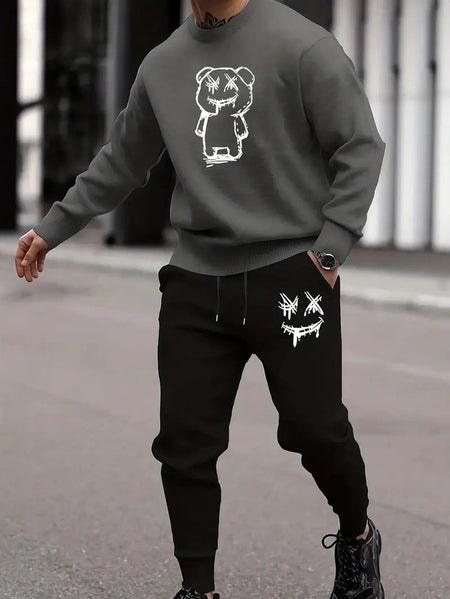 Fleece Printed Tracksuit for Men (Black & Grey, M) - ANIBEY