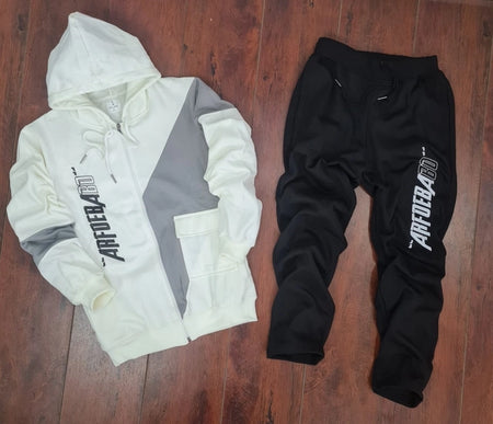 Fleece Printed Tracksuit for Men (White & Black, M) - ANIBEY